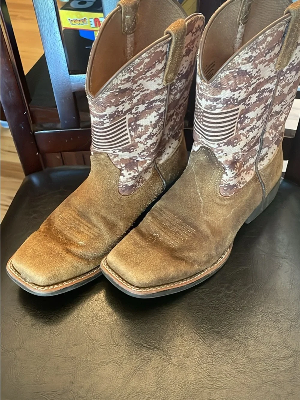 Ariat Brown Suede Cowboy Boots with Camouflage Shaft